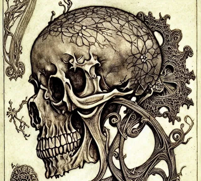 Image similar to memento mori by arthur rackham, art forms of nature by ernst haeckel, exquisitely detailed, art nouveau, gothic, ornately carved beautiful skull dominant, intricately carved antique bone, art nouveau botanicals, ornamental bone carvings, art forms of nature by ernst haeckel, horizontal symmetry, arthur rackham, ernst haeckel, symbolist, visionary