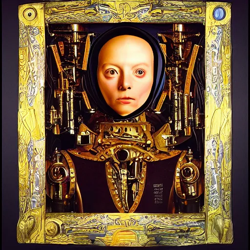 Image similar to a portrait of a shiny metallic renaissance steampunk robot, in the style of Jan van Eyck,