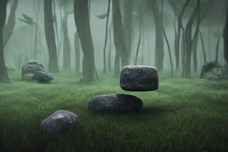 Prompt: levitating rocks in lush mountain forest, floating, octane render, cinematic, blade runner 2049, Imax, dramatic composition and lighting, strange, weird, award winning photography, dreamlike, 8k,