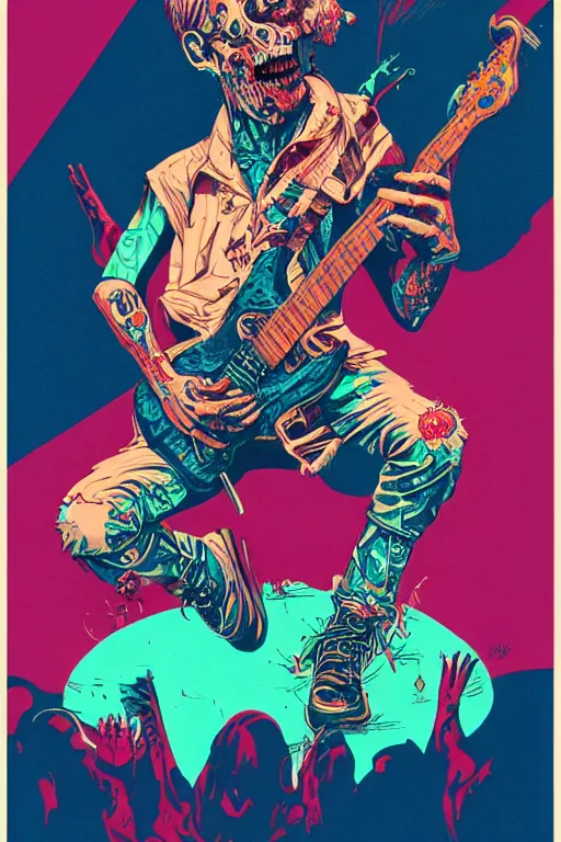 Image similar to risograph of a punk zombie playing guitar, tristan eaton, victo ngai, artgerm, rhads, ross draws, intricated details