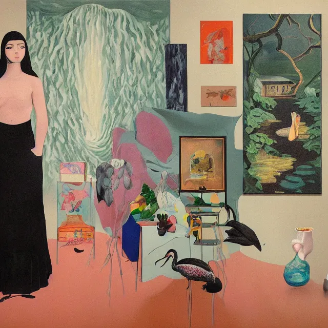 Image similar to female emo art student in her apartment, painting of flood waters inside an artist's feminine bedroom, a river flooding indoors, pomegranates, pigs, ikebana, water, octopus, river, rapids, waterfall, black swans, canoe, berries, zen, acrylic on canvas, surrealist, by magritte and monet