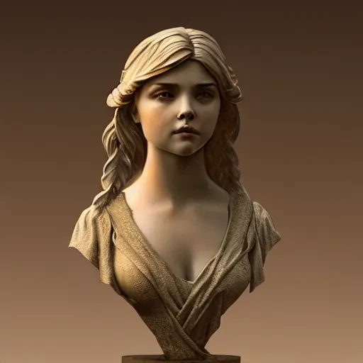 Image similar to beautiful lifelike award winning marble bust statue chloe ’ s grace moretz trending on art station artgerm greg rutkowski alphonse mucha museum quality cinematic atmospheric