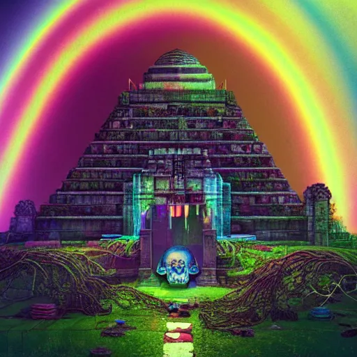 Prompt: overgrown jain temple of death with glowing mayan rainbow skulls, by michael whelan and moebius and beeple and kilian eng and dan mcpharlin and pascal blanche and jamie hewlett and richard dadd, symmetrical, magical stormy reflections, smoke on water, 8 k hi - res, acid, metropolis disco laser rays