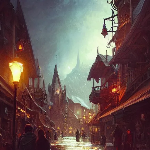 Image similar to “ on main street of nordic fantasy world, d & d, fantasy, intricate, cinematic lighting, highly detailed, digital painting, artstation, concept art, smooth, sharp focus, illustration, art by artgerm and greg rutkowski and alphonse mucha ”