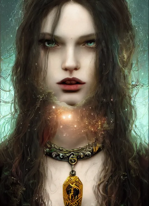 Image similar to tarot!!, pale, beautiful witch with long hair, fantasy medieval, jeweled choker, vivid colors, elegant, concept art, sharp focus, beautiful face!!, digital art, Hyper-realistic, 4K, Unreal Engine, Highly Detailed, Dramatic Lighting, Beautiful, by Brom, trending on Artstation, Tom Bagshaw, Sargent