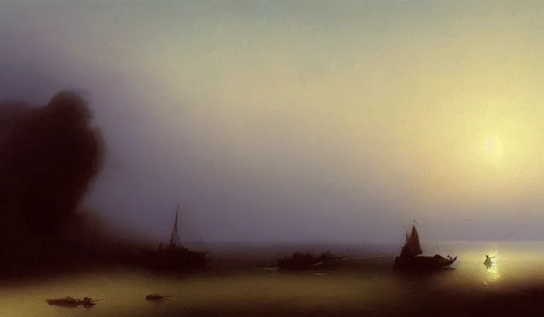 Prompt: A serene landscape with a singular building in the style of Ivan Aivazovsky.
