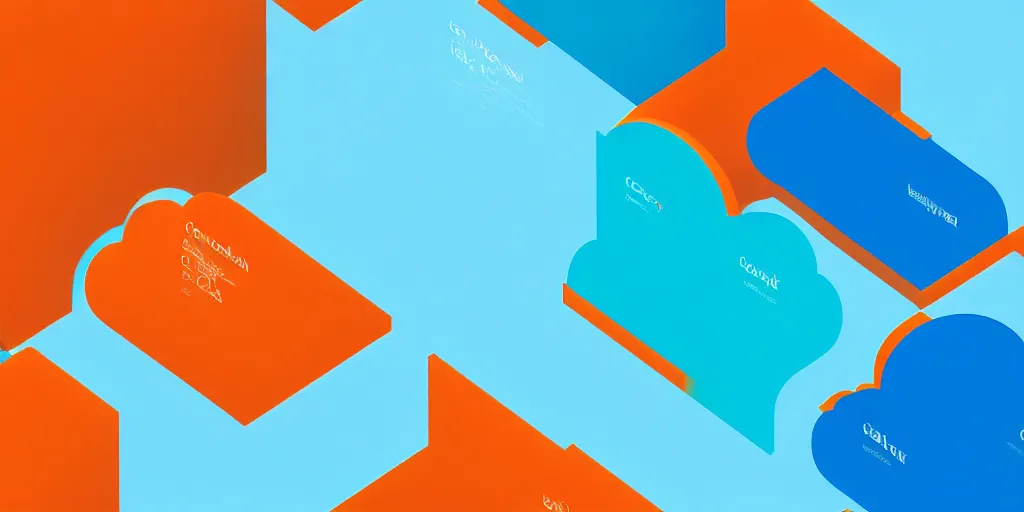 Prompt: Cloud servers, network, isometric view from above. Minimalistic design, contemporary design, infographics. Logo, Abstract Design. Blue, cyan and orange palette. Vivid, 8K, Epic, Masterpiece