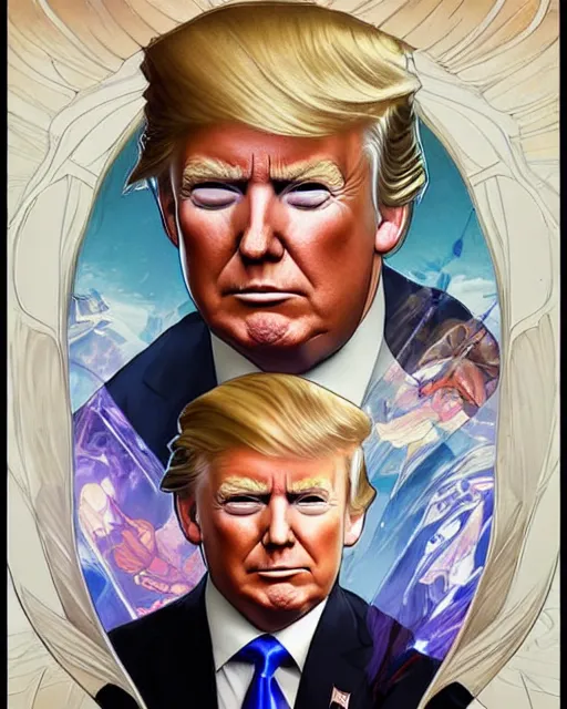 Prompt: smirky donald trump painted by artgerm and greg rutkowski and alphonse mucha. clear highly detailed face, beautiful sci fi art