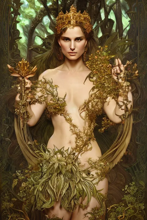 Image similar to natalie portman as queen of the jungle, painted by nekro, alphonse mucha, dark - fantasy, intricate detail, artstation, cgsociety, rococo, gold leaf art