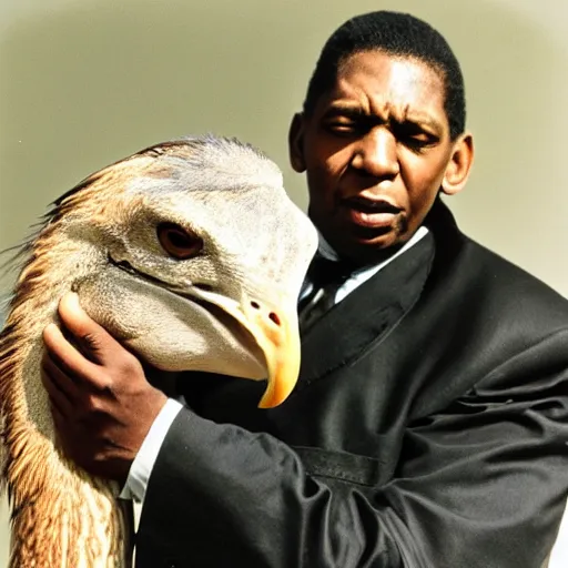 Image similar to john coltrane snuggling an ostrich