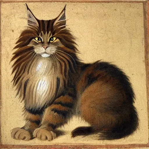 Image similar to Medieval painting of a fluffy Maine coon. High resolution. Highly detailed. Art station. 8k