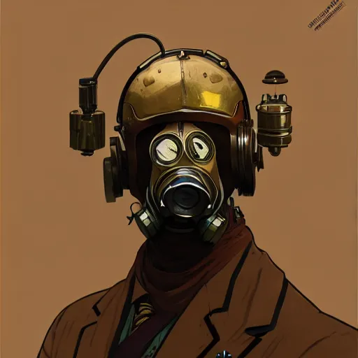 Image similar to portrait of a vicotrian steampunk in suit wearing a gas mask by darek zabrocki and greg ruthkowski, alphonse mucha, simon stalenhag and cinematic and atmospheric, concept art, artstation, trending on artstation