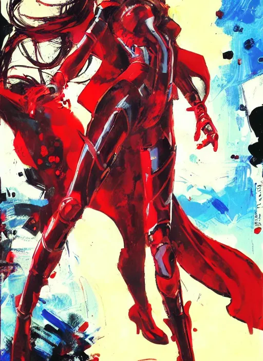 Image similar to marvel scarlet witch, wearing futuristic cybernetic battle armor, by ashley wood, yoji shinkawa, jamie hewlett, 6 0's french movie poster, french impressionism, vivid colors, palette knife and brush strokes, dutch angle