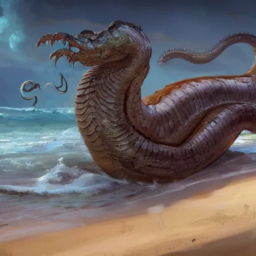 Prompt: a beached sea serpent washing up on the shore of a beach concept art by jaime jones, cgsociety, fantasy art, concept art, artstation hd, deviantart hd.