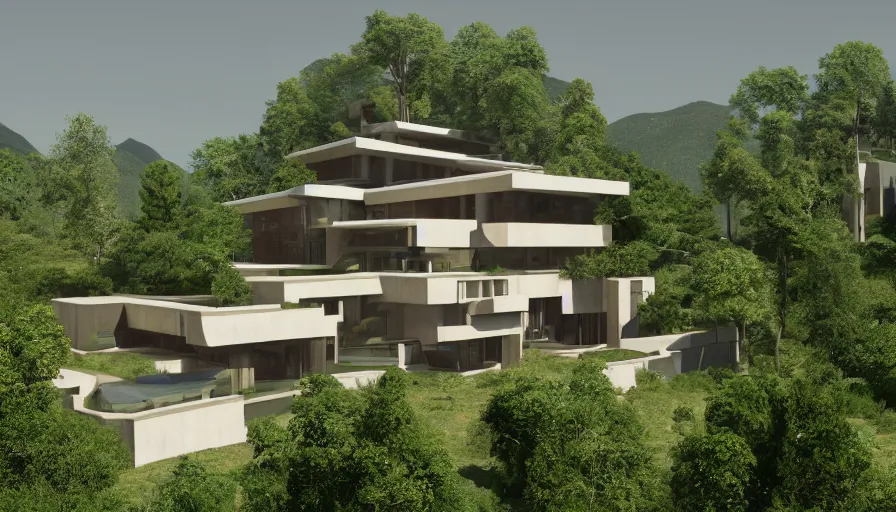 Image similar to villa inspired by tibetan architecture, on a green hill, overlooking a valley with trees, by sant ’ elia frank lloyd wright, zaha hadid, le corbeusier, photorealistic, ray tracing, unreal engine 5, dlsr, 2 4 mm, birds eye view