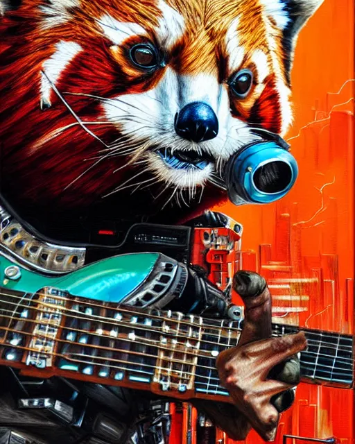 Image similar to a portrait of an anthropomorphic cyberpunk red panda shredding an electric guitar by sandra chevrier, by jon foster, detailed render, electric guitar, epic composition, cybernetics, 4 k realistic, cryengine, realistic shaded lighting, sharp focus, masterpiece, by enki bilal