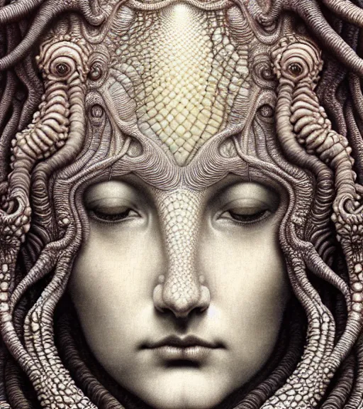 Image similar to detailed realistic beautiful tide goddess face portrait by jean delville, gustave dore, iris van herpen and marco mazzoni, art forms of nature by ernst haeckel, art nouveau, symbolist, visionary, gothic, neo - gothic, pre - raphaelite, fractal lace, intricate alien botanicals, ai biodiversity, surreality, hyperdetailed ultrasharp octane render