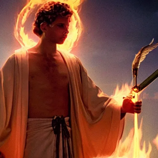 Image similar to cinematic still of divine angelic man with white ancient Canaanite robes holding a flaming sword, paradise in the background