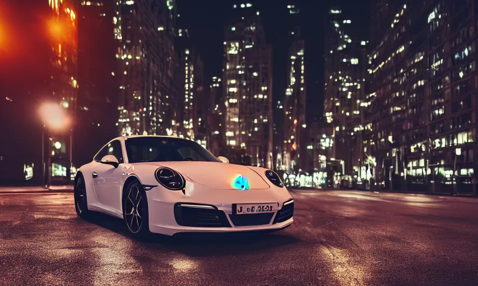 Image similar to photo of a porsche 911 at night in a city, dof, chromatic aberration, cinematic, 4k