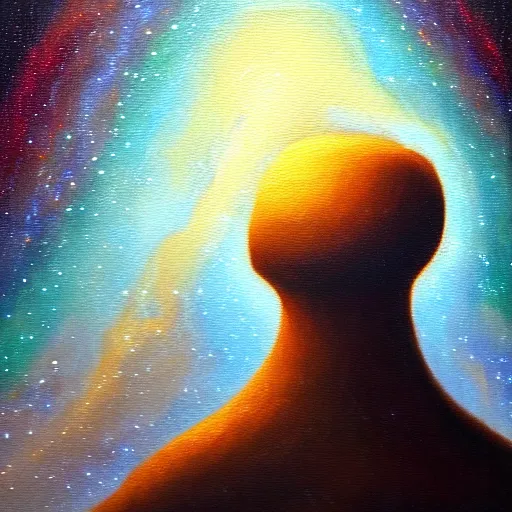 Prompt: small figure looking up at a giant figure, facing the darkness galactic nebular astral realm sacred journey in oil painting, trending on artstation, award winning, emotional, highly detailed surrealist art