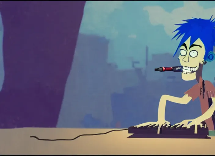 Prompt: 2 d from gorillaz playing a keyboard, blue hair, gorillaz style, jamie hewlett, animated music video screenshot