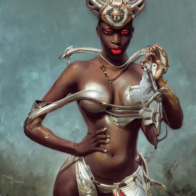 Image similar to african domme mistress, dominatrix full body, dominatrix, tribal, smooth white tight clothes suit, ornate, very beautiful, concept art, realistic painting, androgynous, afrofuturism, cgsociety, digital art by greg rutkowski, by alphonse mucha