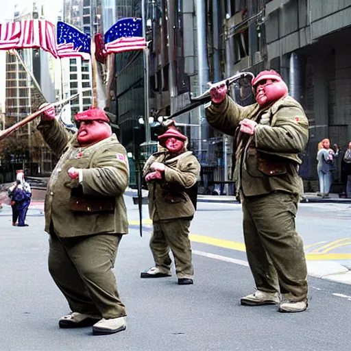 Prompt: fat soldiers, USA war street performers