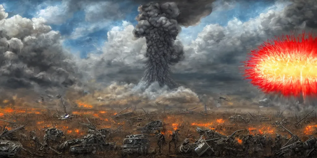 Image similar to nuclear attack, Jesus alongside the US air force, planes, battlefield, nuclear bomb, trending on art station, epic battle, intense battle, large scale battle, radioactive, Jesus Christ, mushroom cloud, United States Air Force, infantry, 8k