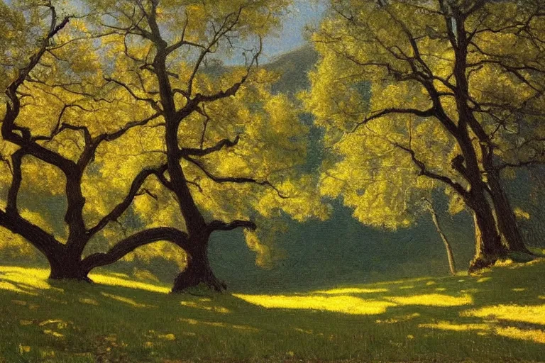 Image similar to masterpiece painting of oak trees on a hillside overlooking a creek, dramatic lighting, by daniel garber