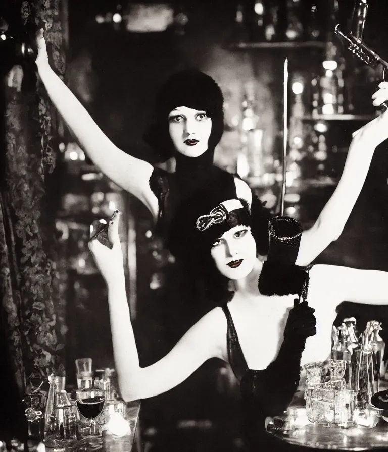 Image similar to shot of a 1 9 2 0 s short - haired flapper woman in black satin gloves looking at the camera, at a party in a dimly lit speakeasy bar, jazz age, precise, wide shot, cohesive, art deco, cinematic, low - lighting, photography