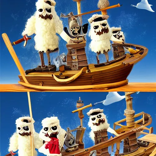 Prompt: a stop motion sheep pirate captain leading a crew of wolves on a pirate ship at sea ultrarealistic trending on art station