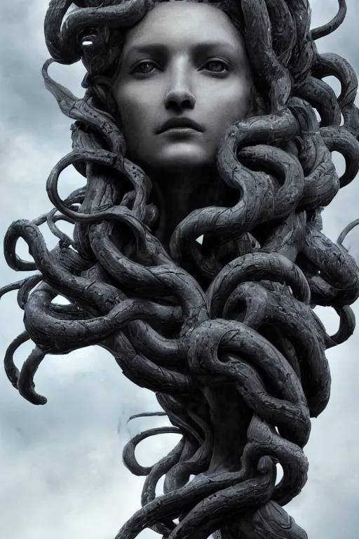 Prompt: A portrait of medusa as a black marble statue with white streaks by Greg Rutkowski, Sung Choi, Mitchell Mohrhauser, Maciej Kuciara, Johnson Ting, Maxim Verehin, Peter Konig, Bloodborne , 8k photorealistic, cinematic lighting, HD, high details, dramatic, atmospheric , trending on artstation