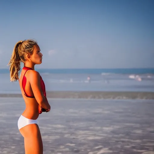 Image similar to beach lifeguard girl standing, cinematic, photo, 8k, highly detailed