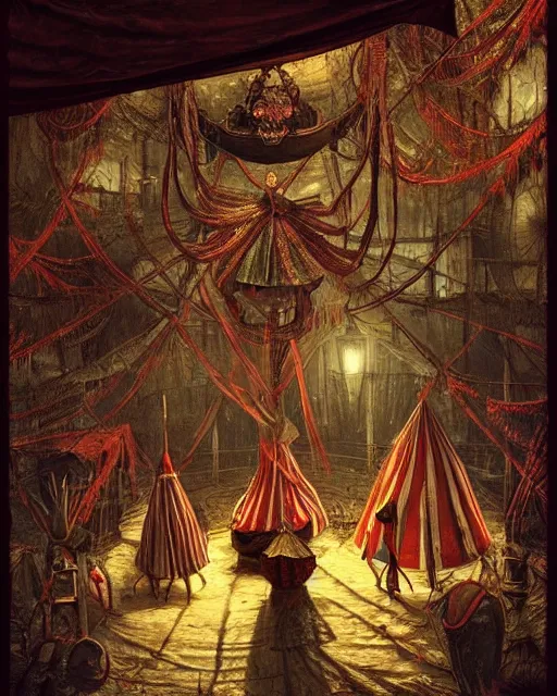 Image similar to the little circus of horrors, circus tent outside, creepy, hyper realistic, ambient lighting, horror art, intricate, hyper detailed, smooth