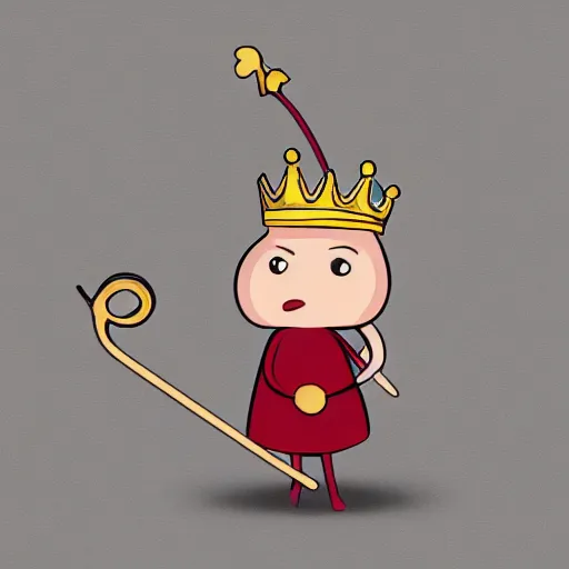 Image similar to kidney bean holding a staff, wearing crown, cartoon character, digital art, fun,