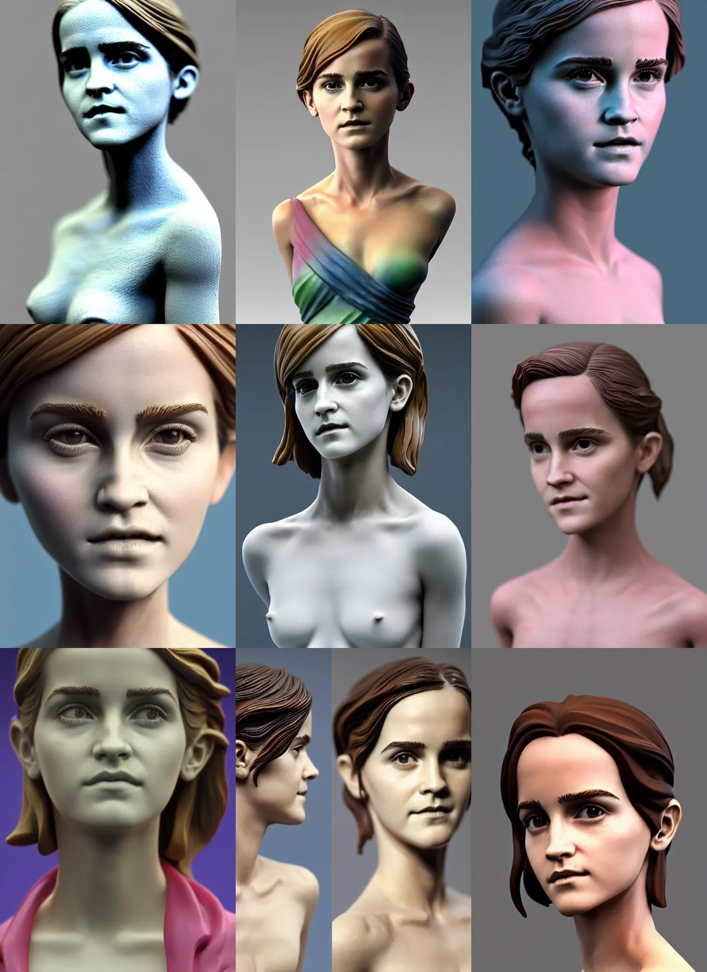 Prompt: 3D resin miniature sculpture of Emma Watson by Jean-Baptiste Carpeaux and Luo Li Rong, beautiful body and face, colorful, fresh colors, half length shot, elegant, academic art, realistic, 8K, Product Introduction Photo, Hyperrealism. Subsurface scattering, raytracing, soft light, Octane Render, Redshift, Zbrush, simple background