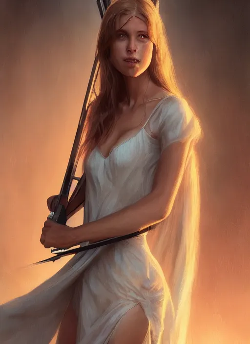 Image similar to upper body portrait of a beautiful maiden in a nightgown holding a futuristic crossbow, award winning, masterpiece digital painting by greg rutkowski, alex grey, artstation, 4 k wallpaper,