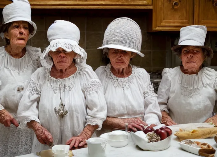 Prompt: close up of three old women from brittany with hats in white lace and dark folk costumes in a kitchen. they look visibly angry