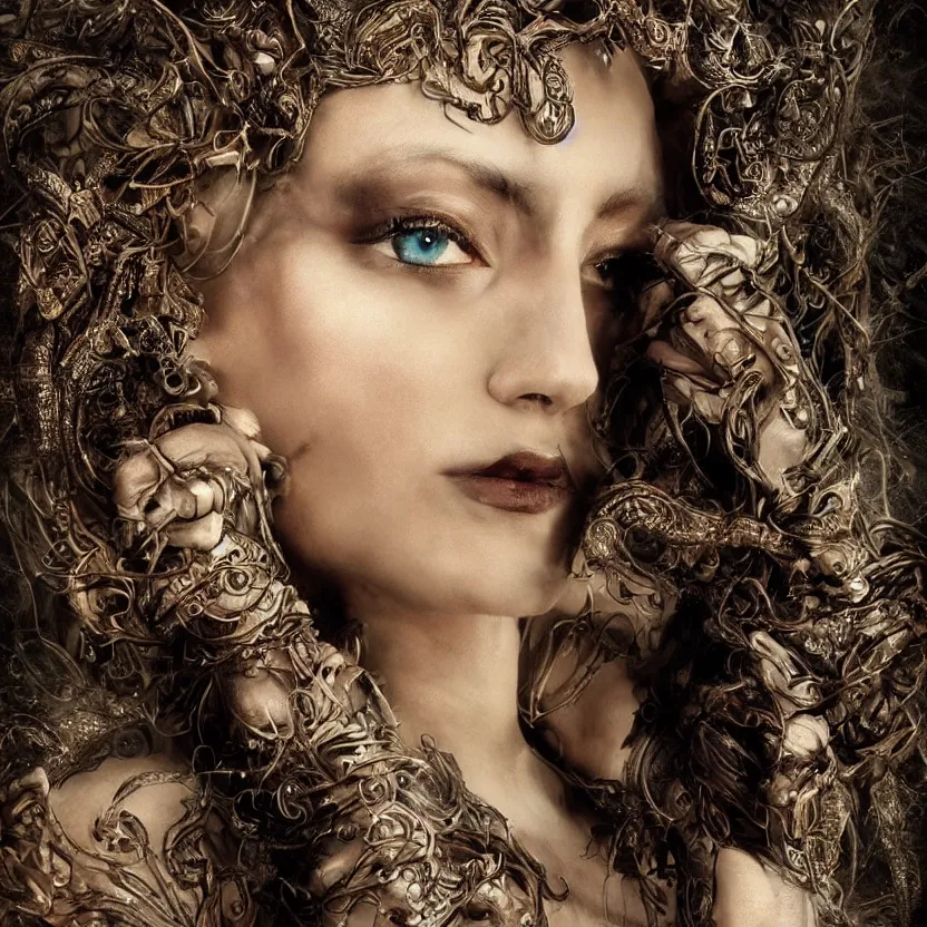 Image similar to mindblowing portrait of the enchantress queen, a stunning timeless beauty, breathtaking eyes, perfect skin, feathered eyelashes, royal gothic dress with a lot of leather, heavy silent hill aesthetic, incredibly intricate, digital art, blender, houdini & photoshop, very elegant & complex, hyper-maximalist, overdetailed, epic cinematic quality, biblical art lighting, photorealistic, lifelike, OLED, DSLR HDR 8k, face is the focus, facial feature symmetry, hyper composed, created by Nixeu & z--ed from deviantart