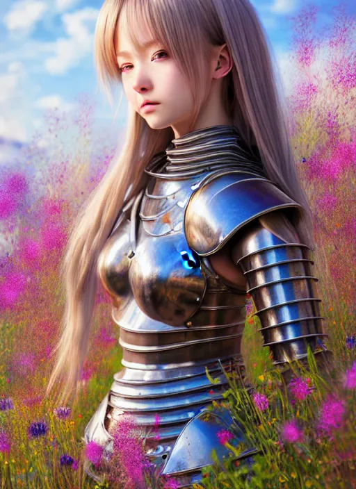 Prompt: a masterpiece hyperrealistic ultradetailed fullbody photograph of a lifelike real human anime girl in full steel plate armor, surrounded by wildflowers, gorgeous angel, vibrant lgbt hairs, rough skin texture, photoreal image, in the style of wlop, photoreal, overrendered, blender, unreal engine, extremely detailed, trending on artstation, sharp focus, 4 k