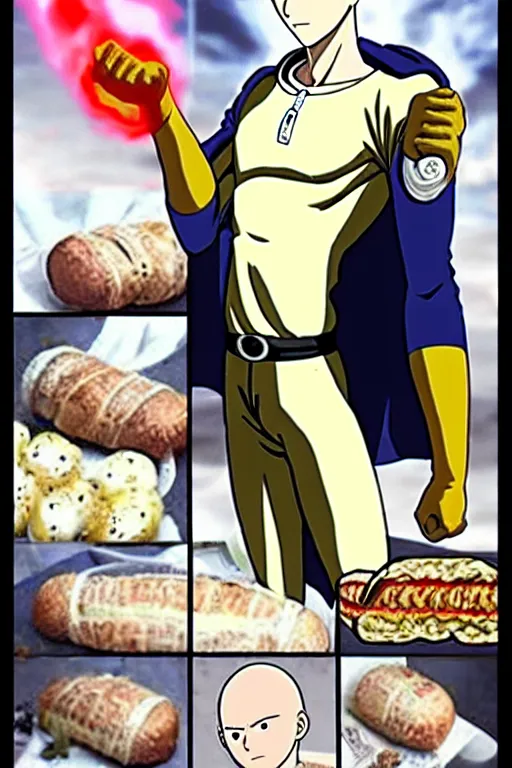 Prompt: baker saitama one punch man, armed with french baguettes