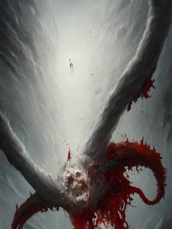 Image similar to painting by greg rutkowski a flying human head with tears running down it's face face that is chalk white in color, with long white!! tentacles!! stemming from it's neck, fiery scorching red eyes, flying in a terrying hellish dark cavernous place