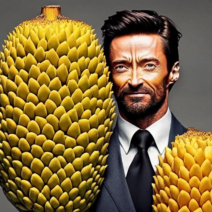 Prompt: body made of jackfruit made of hugh jackman, face made of jackfruit made of hugh jackman, eyes made of jackfruit, torso made of jackfruit, jackfruit - human hybrid, high detail photo