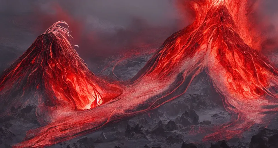 Prompt: a volcano made of ivory vines and crimson rocks enters in eruption, it spits a smoke in the shape of demonic eye, by Disney Concept Artists