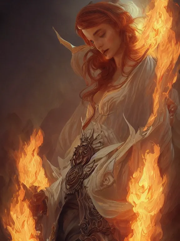 Image similar to powerful summoner with a fire elemental, fantasy, man, intricate, elegant, highly detailed, digital painting, artstation, concept art, wallpaper, smooth, sharp focus, illustration, art by artgerm and greg rutkowski and alphonse mucha