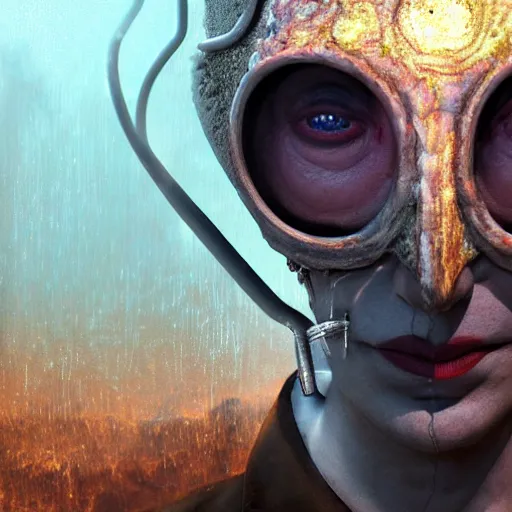 Image similar to full - face close - up portrait, sandman god of dreams wearing an plague - doctor mask, deliver me cosmic sight, by patrick woodroffe, by igor morski, by laurie lipton, valley of the damned background, cinematic lighting, volumetric lighting, neosurrealism, realistic shadows, sandman, particle effects, rendered in octane, fantasy