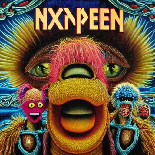 Image similar to animal the muppet on iron maiden album cover, 8 k resolution hyperdetailed scary dystopian surrealism style of alex grey