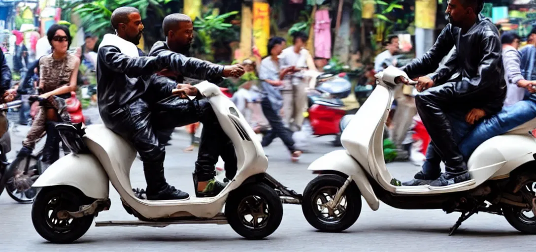 Image similar to kanye west riding scooter in hanoi, a photo in daylight