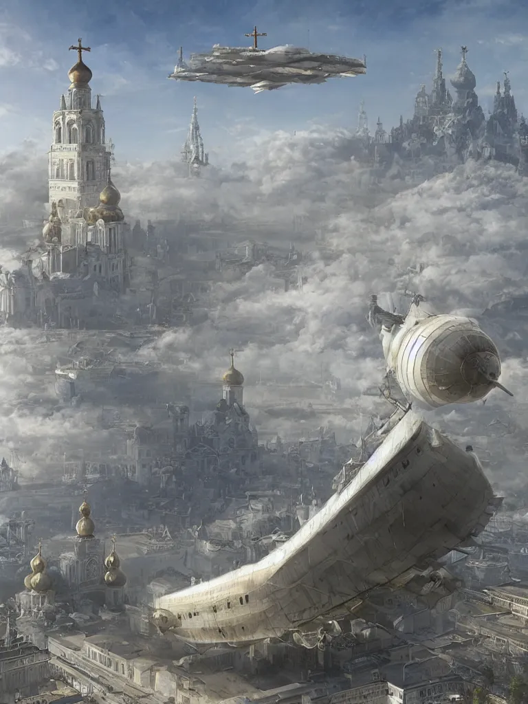 Image similar to a large dieselpunk airship is standing in the air over a splendid white church in russia, full morning sun, matte painting by craig mullins