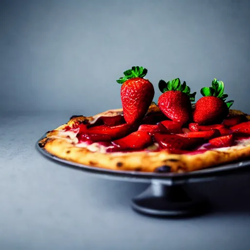 Prompt: a strawberry pizza, photo studio, professional photo, commercial photo, trending on artstation, hdr, instagram photo